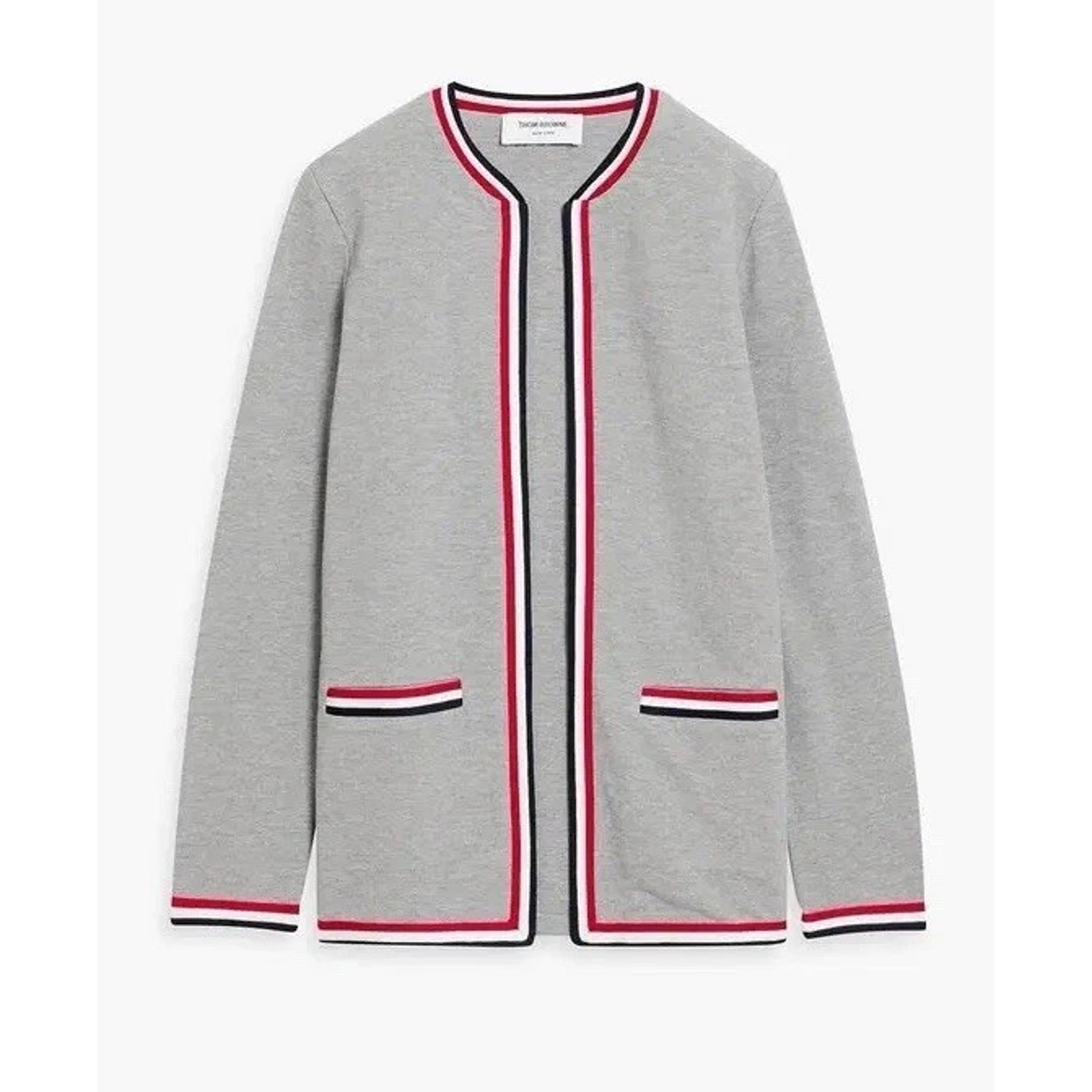 Thom Browne Gray Cotton Pique Stripe Trim Open Front Cardigan Size Us 10